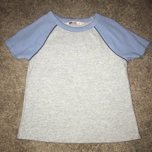 SO size medium short sleeve t-shirt. Baby blue sleeves & light grey.